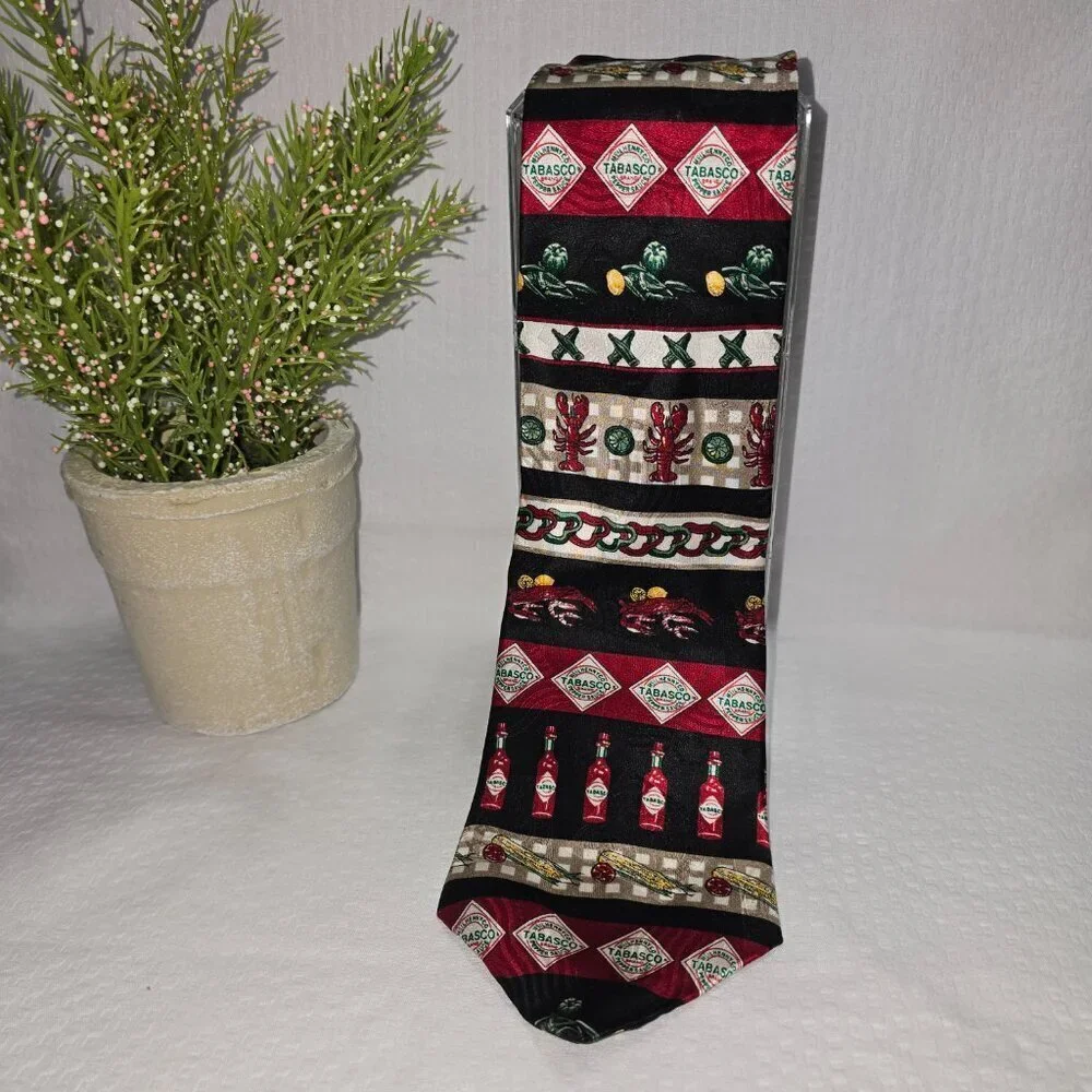 TABASCO 100% SILK TIE WHIMSICAL BLACK RED GOLD MENS EXCELLENT CONDITION